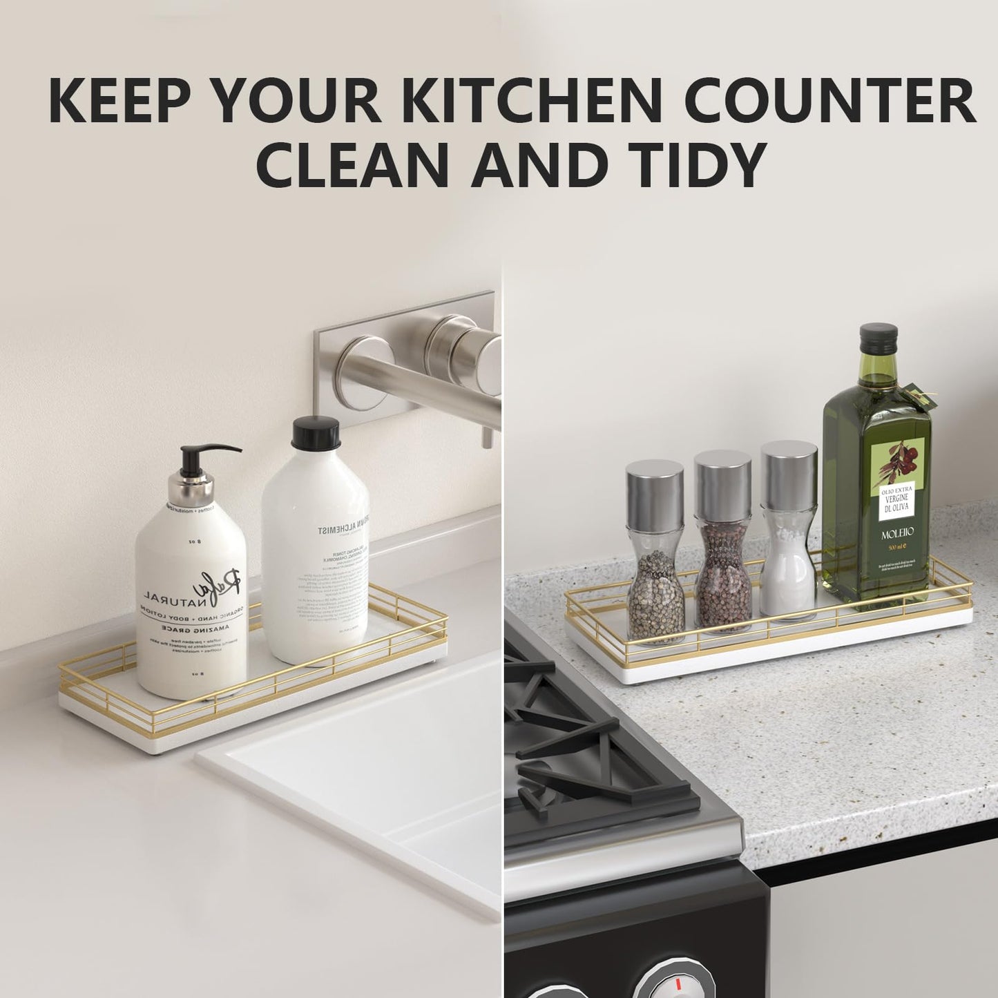 Bathroom Tray for Counter Top Organizer – Oak Wood Vanity Tray with Metal Frame for Dresser, Kitchen, Nightstand – Gold & White Decorative Storage