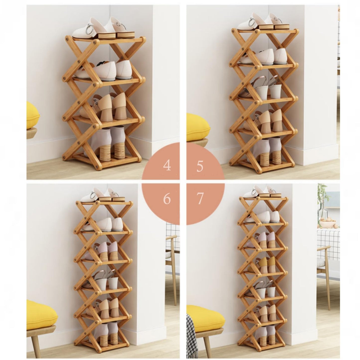 XZXWZX 5 Tier Foldable Shoe Rack, Bamboo Vertical Shoe Organizer Tall for Multifunctional Narrow Shoe Shelf for Entryway, Closet, Corner, Bedroom, Hallway(Natural)