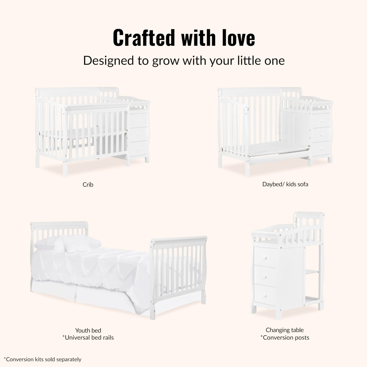 Dream On Me Jayden 4-in-1 Convertible Mini Baby Crib with 3 Drawer Changer