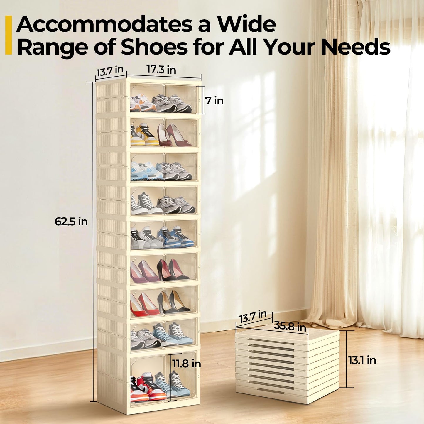 GCCSJ 9-Tier 18 Pairs Foldable Shoe Rack Organizer, Plastic Collapsible Shoe Shelf, Folding Shoe Box Storage Cabinet with Magnetic Clear Door Easy Assembly for Entryway, Bedroom, Living Room