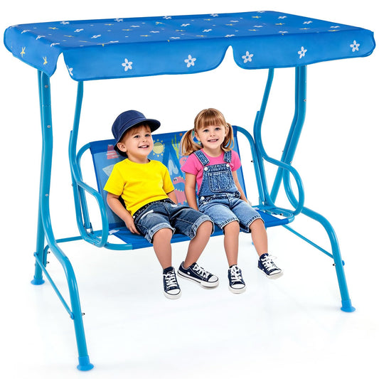 HONEY JOY Kids Patio Swing, 2-Seater Outdoor Porch Swing Lounge Chair, Adjustable Canopy & Safety Belt, All Weather Resistant Waterproof Hanging Swing Bench for Garden Poolside Balcony(Blue Dinosaur)