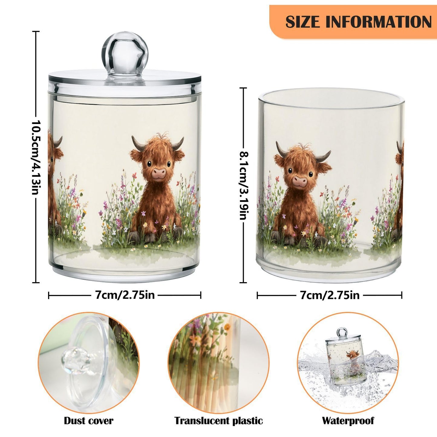 Xmycdz 2 Pack Pattern Oil Painting Cute Cow Apothecary Jars with Lid, 11 Oz Clear Plastic Apothecary Jar Set Qtip Holder Storage Containers for Cotton Ball Swabs Bathroom Vanity