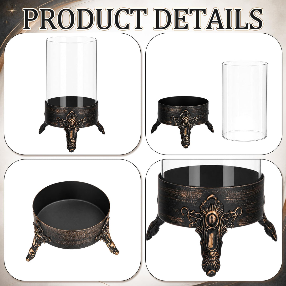 Singhoow Set of 2 Hurricane Glass Candle Holder, Metal Base Halloween Decor