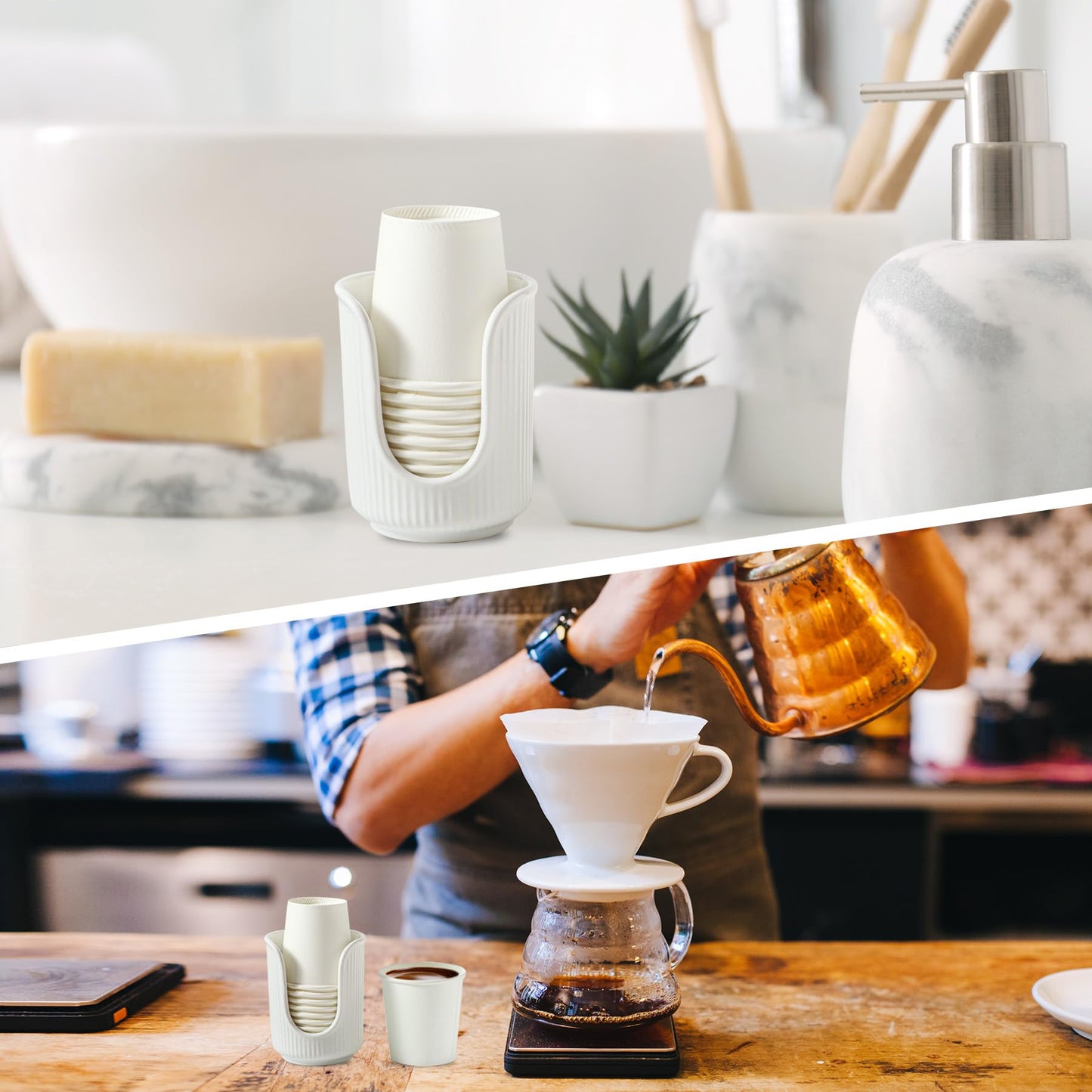 Dobbyby Ceramic Bathroom Cup Dispenser with Stylish Vertical Stripes - Disposable Mouthwash Cup Holder Holds 3-4oz Paper Cups for Rinsing Cups on Bathroom Vanity Countertops (White)