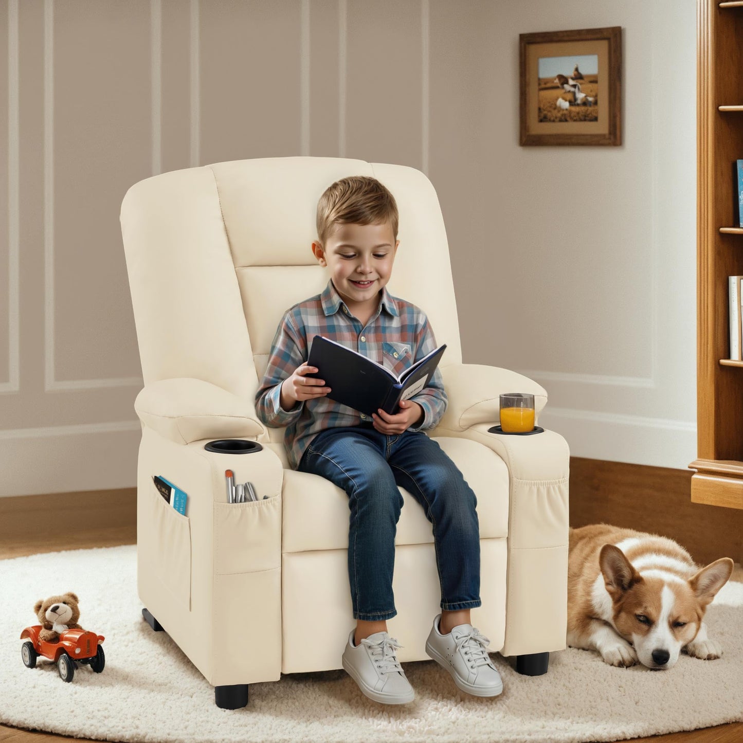 MCombo Big Kids Recliner for Ages 3+, Child Reclining Chair, Toddlers Recliner Sofa with Cup Holders, Faux Leather, 7322(Cream White)