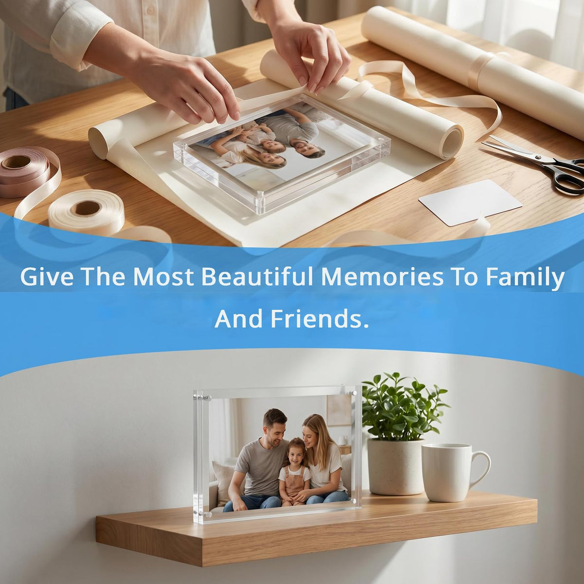 Meetu Acrylic Picture Frame 5x7,Clear Freestanding Double Sided 20mm Thickness Frameless Magnetic Photo Frames Desktop Display with Gift Box Package(5 Pack)