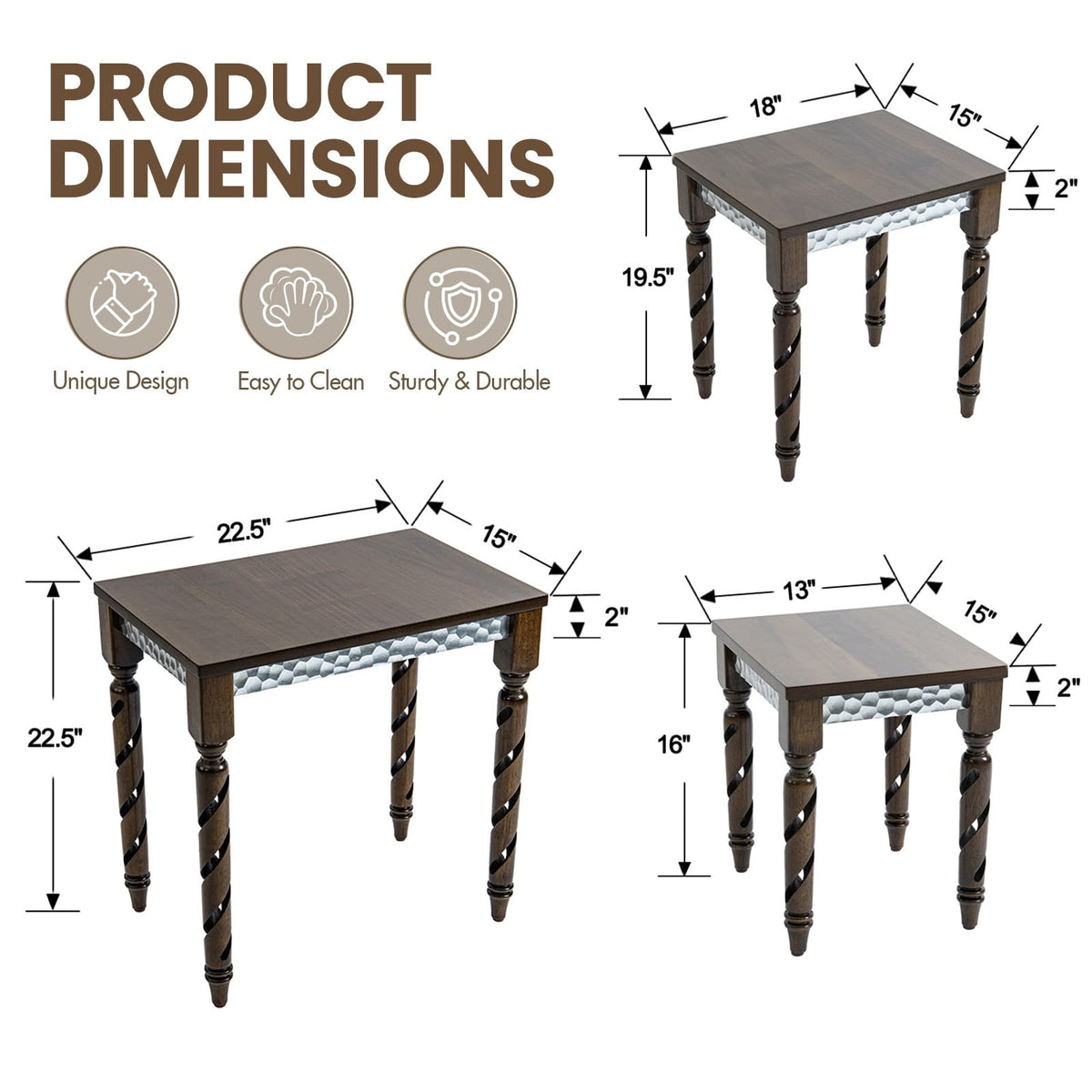 Hyfirm Nesting Tables Set of 3, Walnut Mid Century Modern Accent Tables with Spiral Rubber Wood Legs & Silver Honeycomb Apron, Retro Stackable Side Tables for Living Room, Bedroom & Small Apartments