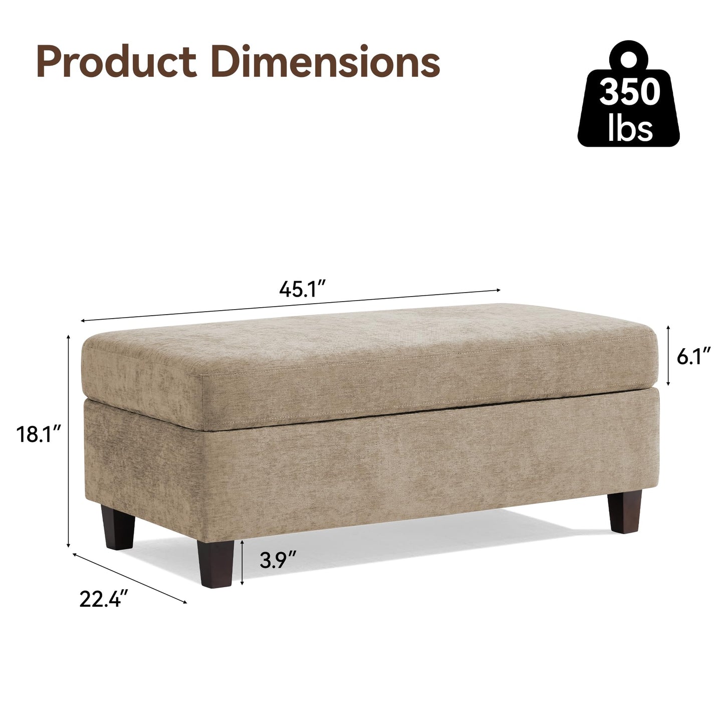 45 Inch Large Storage Ottoman Bench with Wooden Tray Coffee Table, Khaki Chenille Upholstered Foot Rest, Multifunctional Foot Stool Ottoman for Living Room, Bedroom & Entryway, Solid Wood Legs