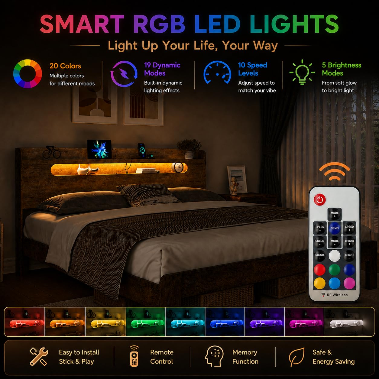 King Size Wood Bed Frame with Storage Headboard, Charging Station & RGB LED Lights, Platform Bed Frame with 2-Tier Shelf, Heavy Duty Wooden Slats Support, No Box Spring Needed, Easy Assembly, Walnut