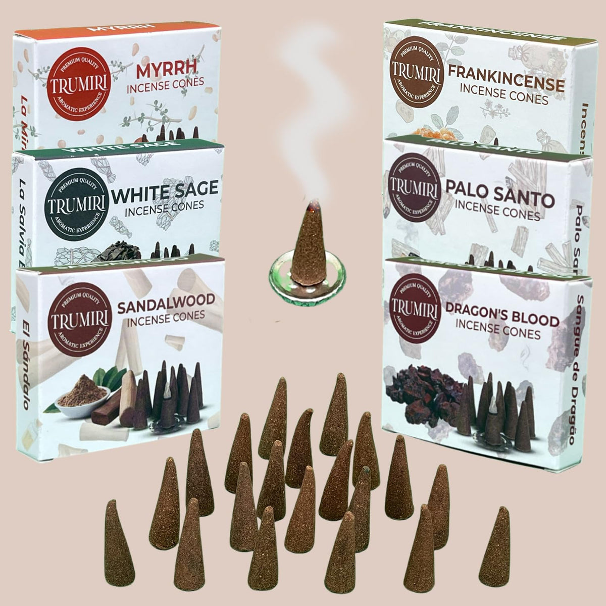 Trumiri Woody Incense Cones - Variety Pack - Total 60 Cone Incense (6 Scents x 10 Conos) - White Sage, Palo Santo, Dragons Blood, Sandalwood - Inscents-Cones Scented - Insense Cones - Incent Cone