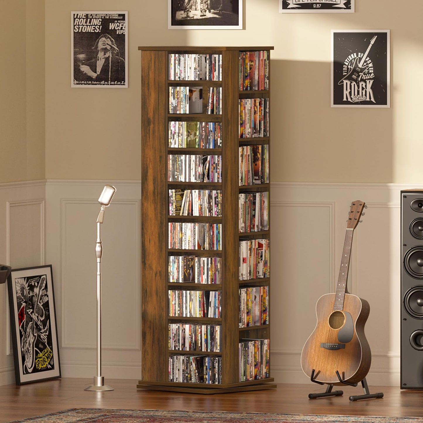 LELELINKY DVD Storage Shelf,Rotating DVD Rack w/Adjustable Shelves, Brown