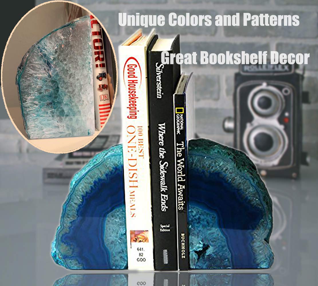 Agate Geode Bookends Heavy Duty Teal Crystal Stone Book Holders Decorative