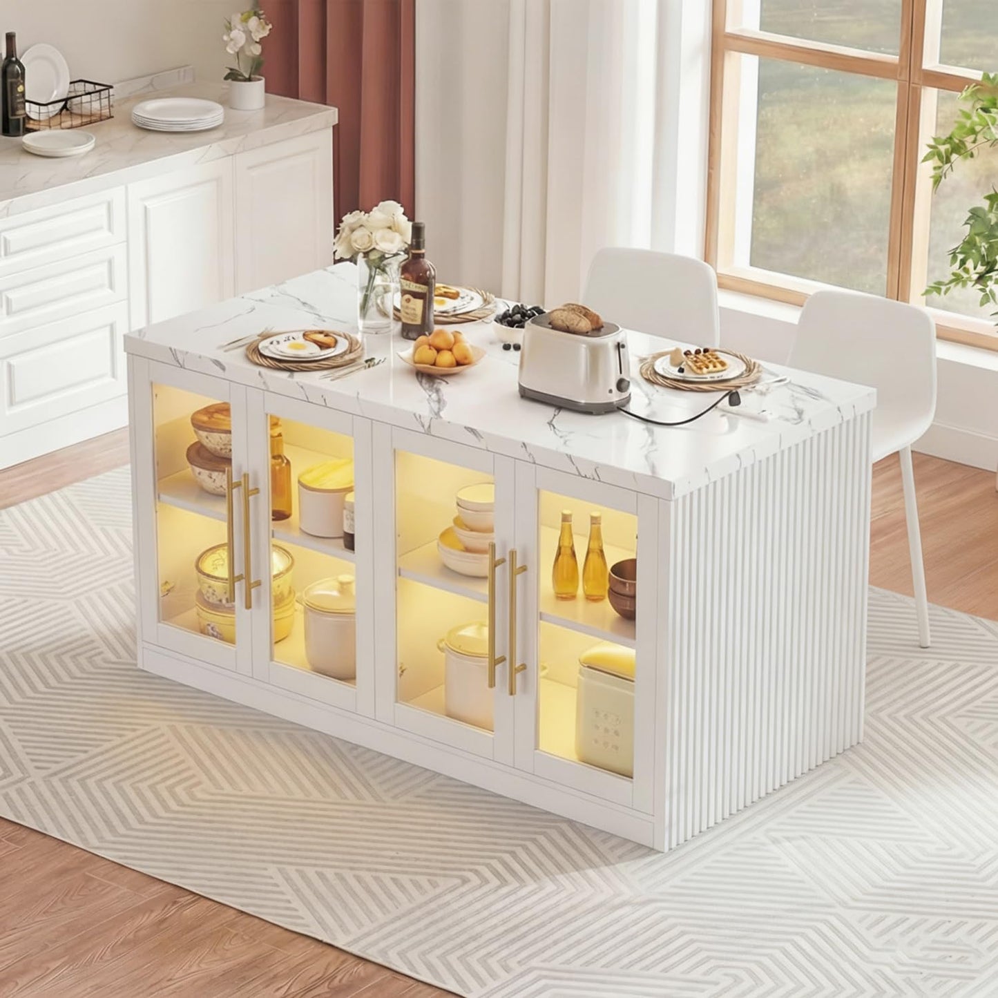 Homiflex Kitchen Island with Storage, Imitation Marble Island Table with LED Lights & Cabinet for Kitchen, Modern Kitchen Carts on Wheels for Dining Room, Home Bar, White
