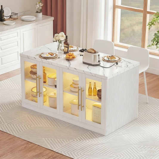 Homiflex Kitchen Island with Storage, Imitation Marble Island Table with LED Lights & Cabinet for Kitchen, Modern Kitchen Carts on Wheels for Dining Room, Home Bar, White