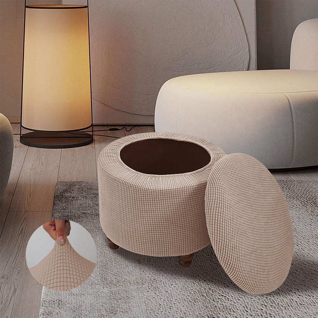 Lussenwert Round Ottoman Slipcover Stretch Soft Footstool Slipcover Corn Grid Storage Cover Folding Stool Covers Furniture Protector for Home Decor Khaki