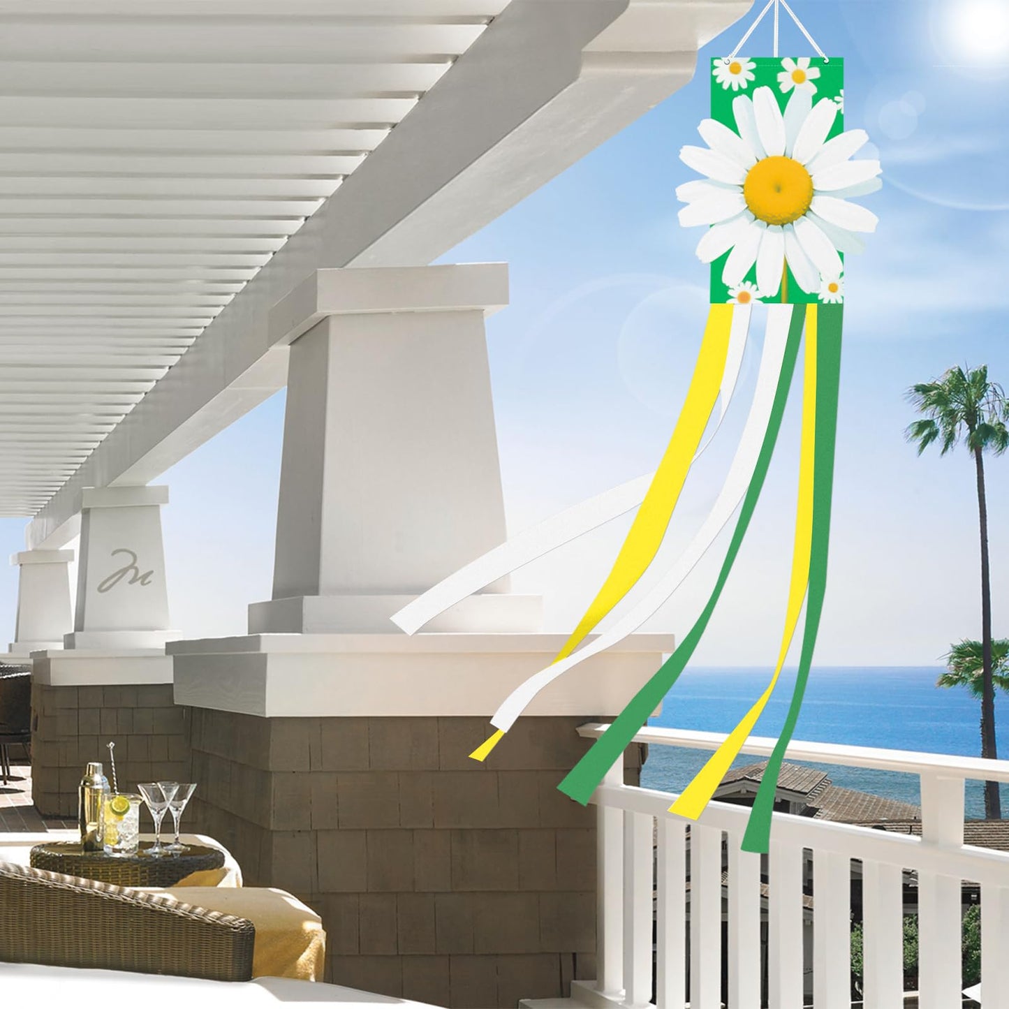 40 Inches 3D Daisy Windsock Decoration, Dimensional Hanging Outdoor Wind Sock with Green, White, and Yellow Streamers for Garden, Yard, Porch, Spring and Floral-Themed Party Decor