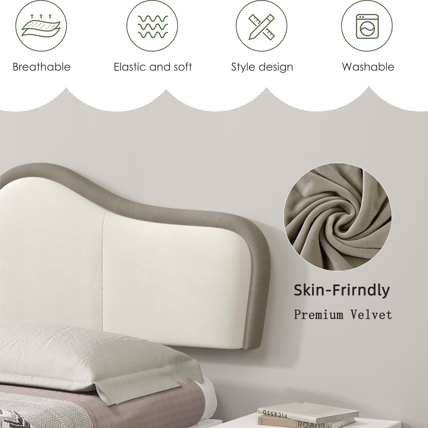 King Headboard,Upholstered Headboards Bed Head Board Modern Wave Shaped Velvet Wall Mount Bed Headboard for Stylish Bedroom Decor(King,Beige+Brown)