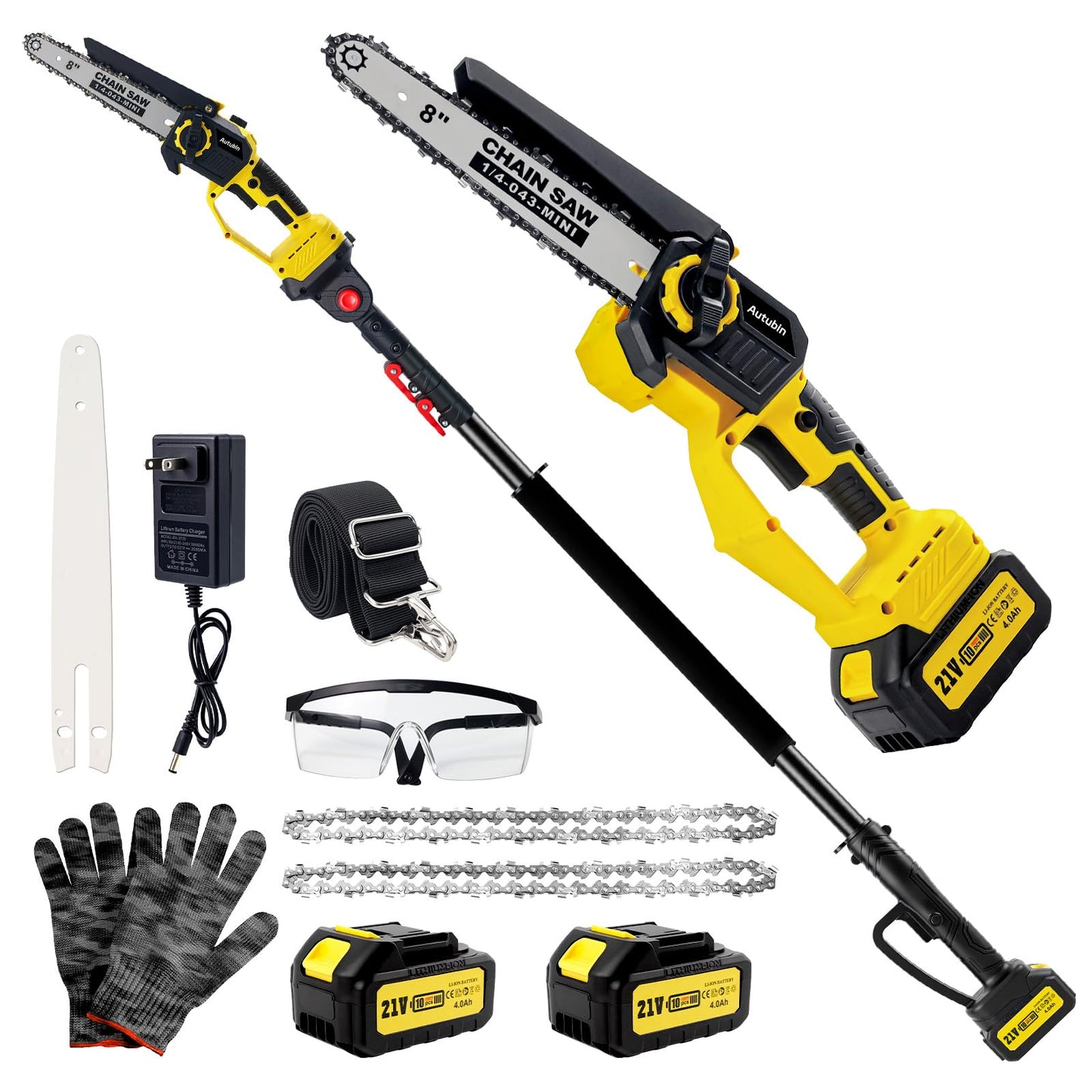 Brushless 2-IN-1 Cordless Pole Saw & Mini Chainsaw, 2× 21V 4.0Ah Battery 8 Inch Chain, Max Reach 16 Ft & Multi-Angle Electric Pole Saw for Tree Trimming, Pole Saw Battery Powered for Branch Cutting