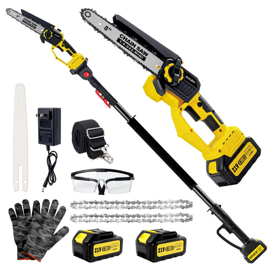 Brushless 2-IN-1 Cordless Pole Saw & Mini Chainsaw, 2× 21V 4.0Ah Battery 8 Inch Chain, Max Reach 16 Ft & Multi-Angle Electric Pole Saw for Tree Trimming, Pole Saw Battery Powered for Branch Cutting