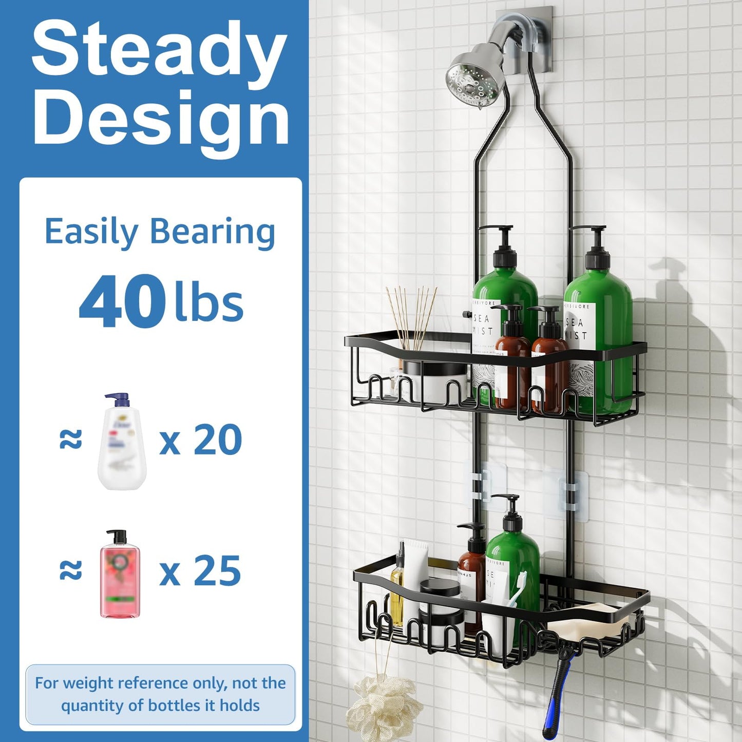 Joqixon Upgraded Extended Length Shower Organizer with Hooks, Rustproof Shampoo Soap Holder, Large Hanging Bathroom Caddy