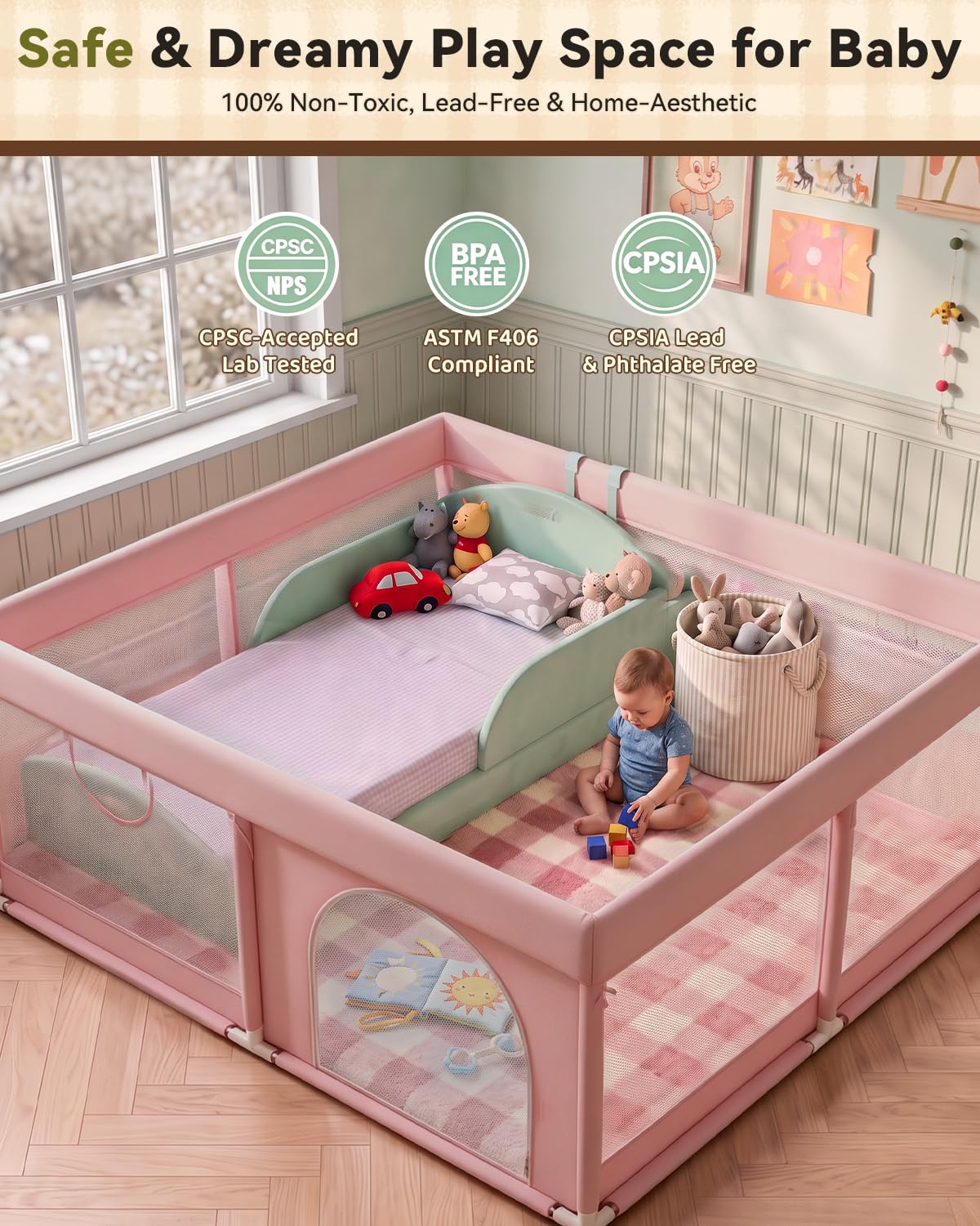 JUNLLY Pink Baby Playpen 71"x59" - Extra Large Play Pen for Babies Toddlers