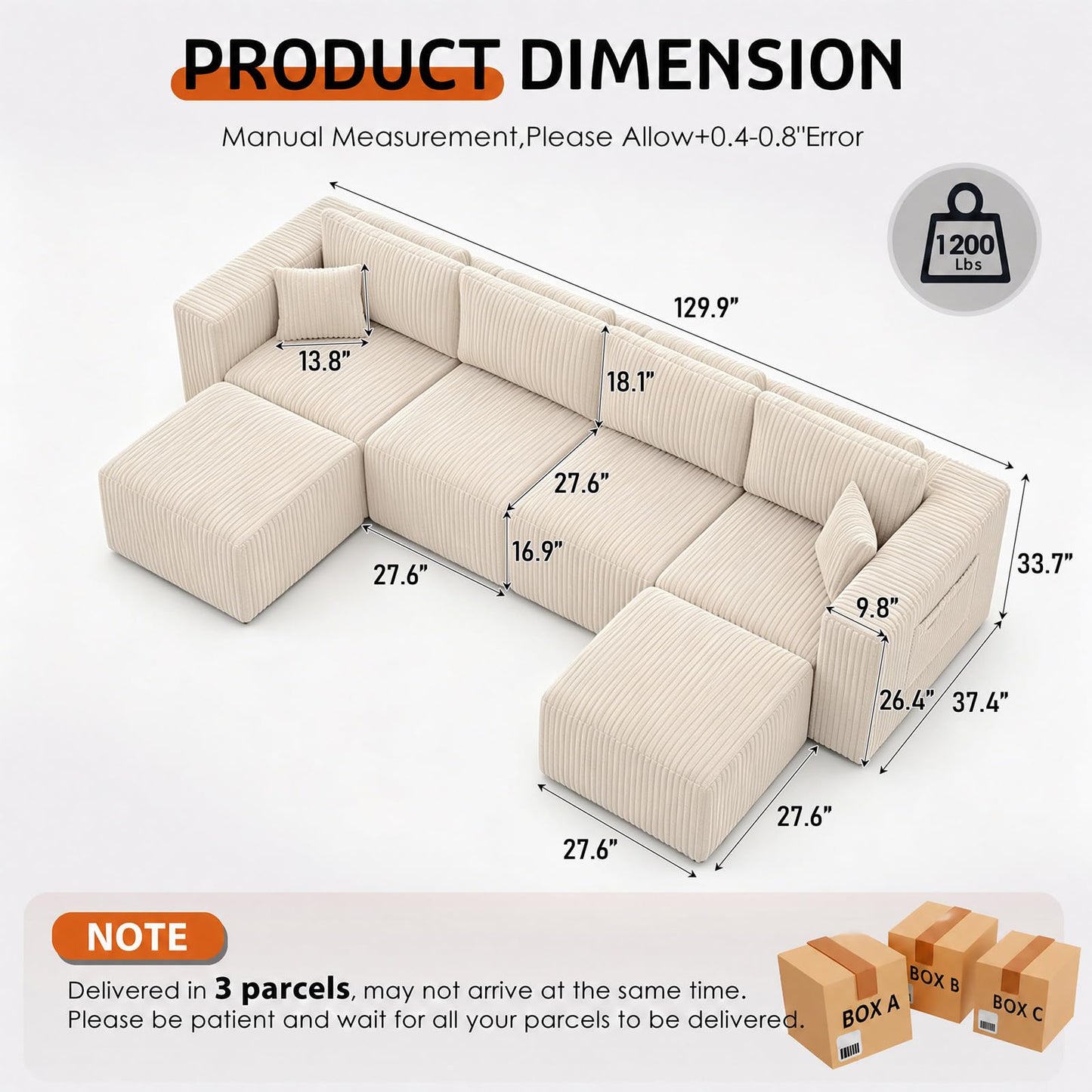 130'' Modular Sectional Couches for Living Room, Deep Seat Corduroy Convertible L Shaped Sofa with 2 Ottomans, Removable Cover, Side Storage Pockets & Adjustable Back Pillows, Beige