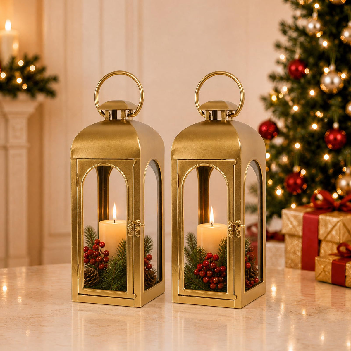 Christmas Decorative Lanterns Gold Metal Candle Holders 16 Inch 2 Pack