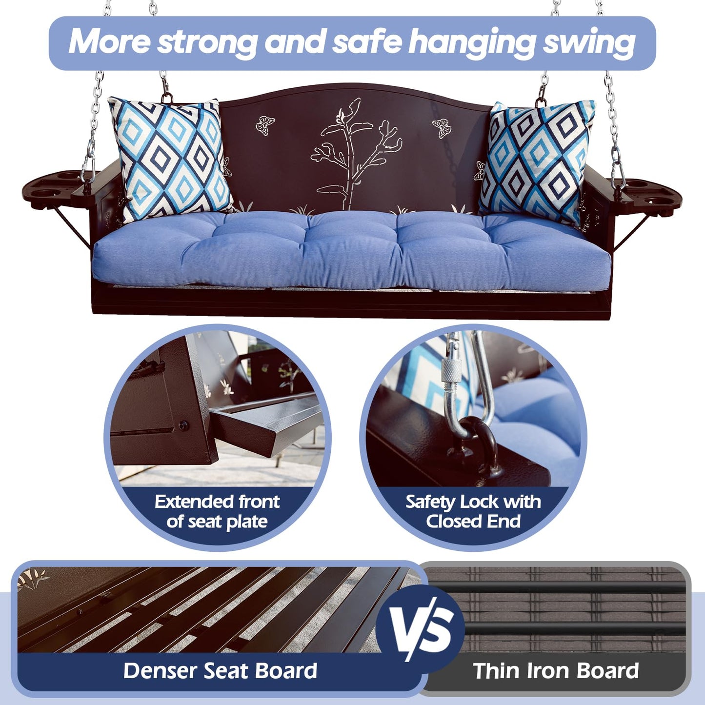 3-Seat Metal Porch Swing 900 LBS Heavy Duty Hanging Bench with Upgraded Tray & Cushions Rust-Resistant Finish Swing Chair with 8.9FT Chains for Patio Lawn Garden