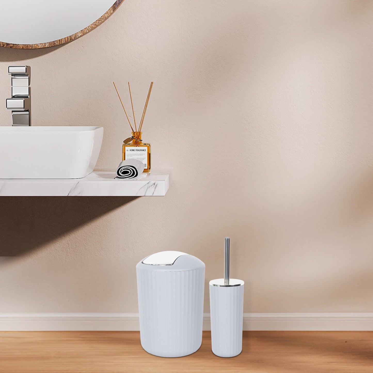 FEILANDUO Bathroom Accessories Sets Complete, 8 Pcs Bathroom Accessory Set with Trash Can, Soap Dispenser, Soap Dish, Toothbrush Holder,Toothbrush Cup,Toilet Brush and Qtip Holders,Vanity Tray (White)