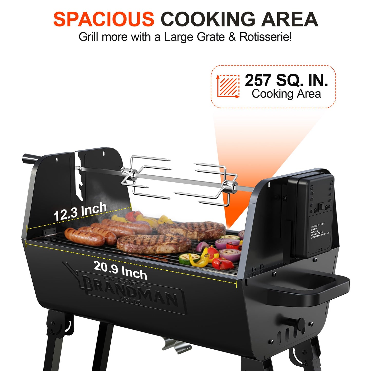 BRANDMAN GRILLS SINCE 1987 2 in 1 Portable Charcoal BBQ Rotisserie Grill with Motorized Kit Folding BBQ Grill 257 sq.in. Porcelain Enameled Grate Lightweight for Backyard Outdoor Camping