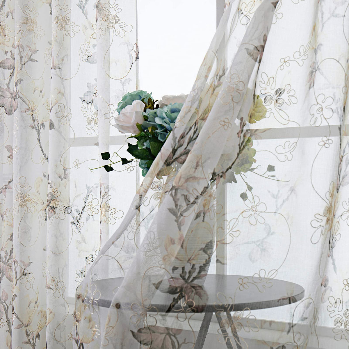 Tollpiz Floral Short White Sheer Tier Curtains Flower Print Vine Embroidery Kitchen Half Curtain Rod Pocket Café Voile Window Curtains for Bathroom, 30 x 24 inches Long, Set of 2 Panels