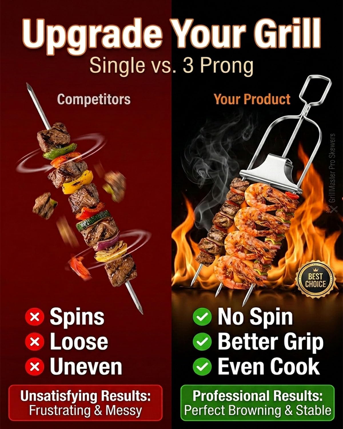 Skewers for Grilling Metal Kabobs BBQ Grill Skewer 3 Way Outdoor Accessories Stainless Steel Chicken Savant Kebab Barbecue Fork Meat Anti Spin 3 Prong Barbeque Reusable Grilling (2)