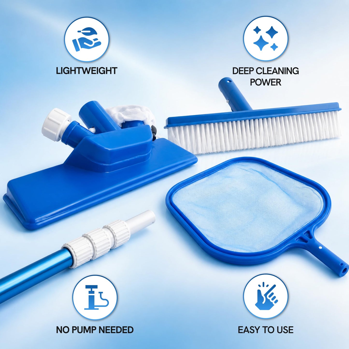 FibroPool Above Ground Pool Maintenance Kit – Telescoping Pole, Leaf Skimmer Net, Vacuum Head, Pool Brush, Floating Chlorinator & Test Strips – Easy Clean Kit for Inflatable & Soft-Sided Pools