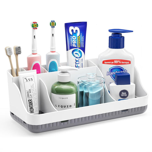 Bathroom Counter Organizer and Storage, 7 Slots Detachable Toothbrush Holders for Bathrooms, Anti-Slip Electric Toothbrush and Toothpaste Holder Countertop Vanity Organizer Accessories for Adults Kids