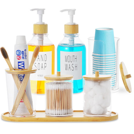 VITVITI Bamboo Bathroom Accessory Set, Soap/Mouthwash Dispenser, Clear
