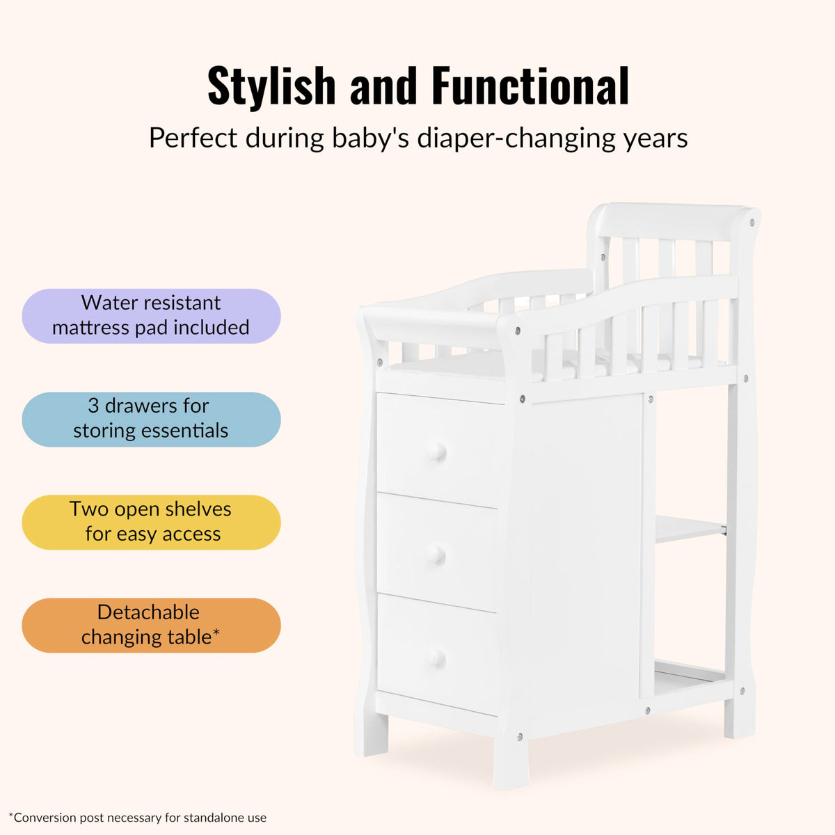 Dream On Me Jayden 4-in-1 Convertible Mini Baby Crib with 3 Drawer Changer
