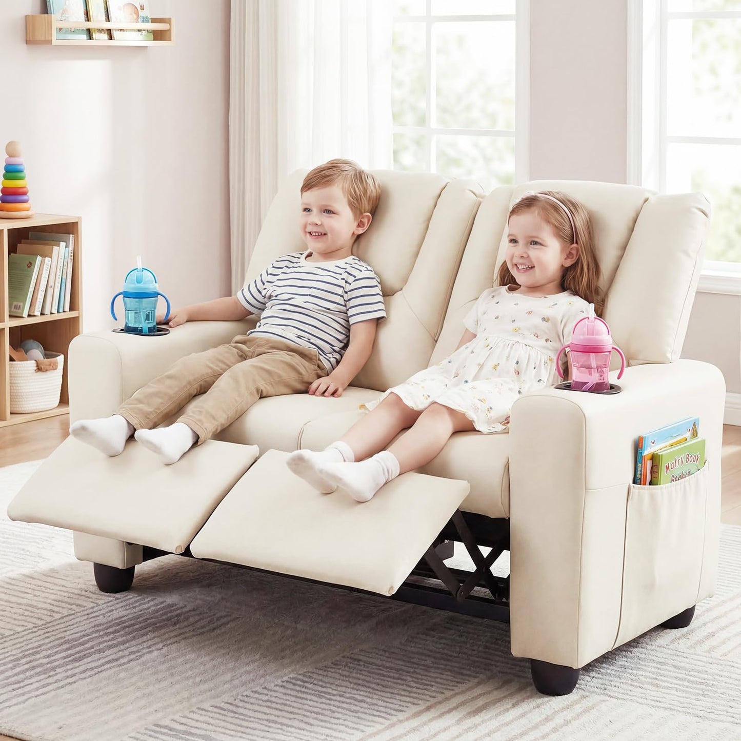 Costzon 2-Seater Kids Recliner, PU Leather Kids Loveseat w/2 Cup Holders & 2 Side Storage Pockets, Toddler Lounge Sofa Chair Couch w/Adjustable Backrest & Footrest for Girls & Boys 3+ Years Old Gifts