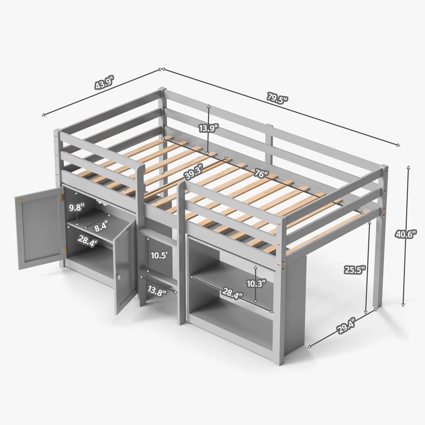 TOLEAD Wood Low Loft Bed Twin Size with Storage Cabinet, Shelf and LED Lights, Wooden Kids Loft Bed with 14" H Safety Guardrail, Ladder and Under-Bed Play Space, Grey