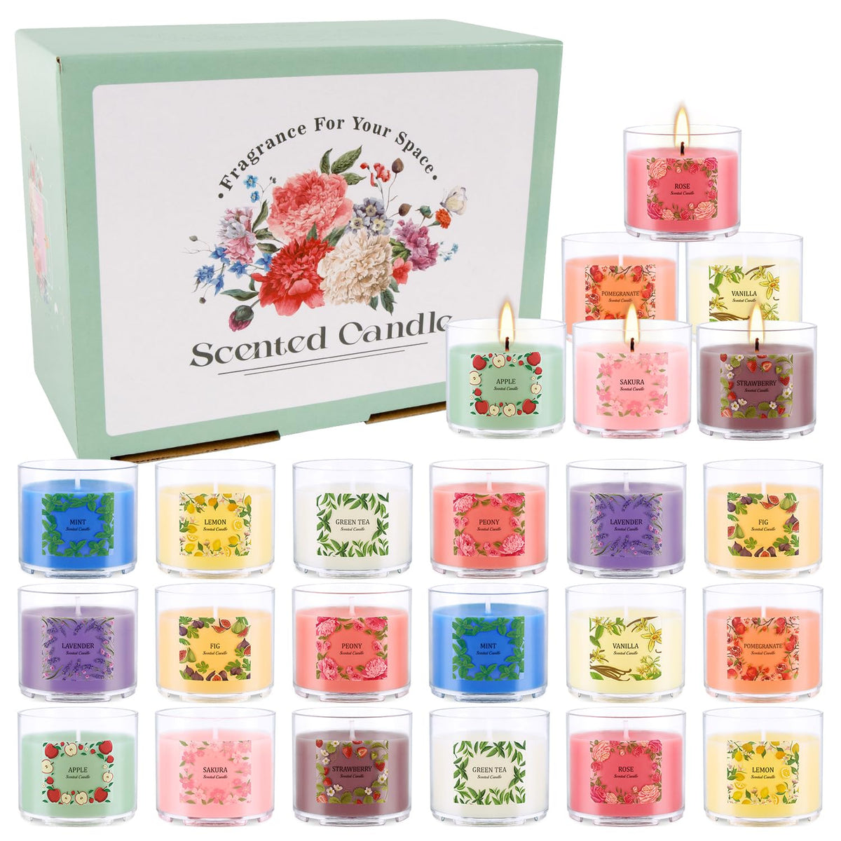 24 Pack Scented Candles Set, 2oz Soy Wax Acrylic Tea Lights with 12 Assorted Fragrances, Long Lasting Aromatherapy Candles for Home Decor, Gift Ready for Christmas Birthday Housewarming