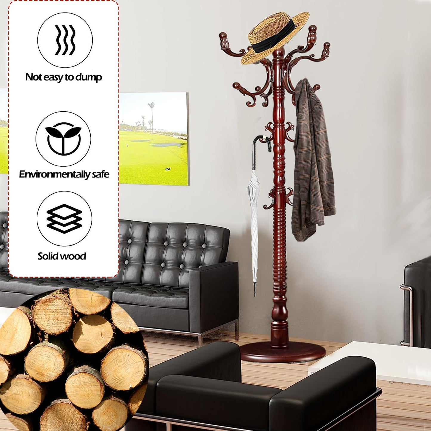 Sauqzoh Coat Racks Free Standing with 14 Hooks, Natural Wood Coat Stands for Entryway, Adjustable Height 73 in Tree Coat Rack Stand for Hallway Home Office Bedroom (Mahogany)
