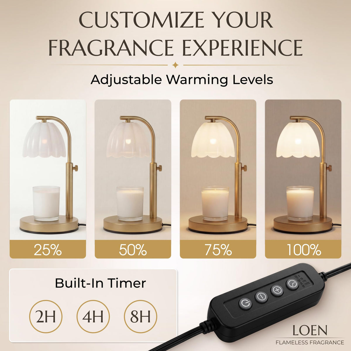 Scalloped Glass Candle Warmer Lamp with Timer (2H/4H/8H) - Dimmable & Adjustable Height - Wax Melter for Large & Small Jar Candles - 2 Bulbs - Gold Metal - Flameless Home Decor Gift for Women (Amber)