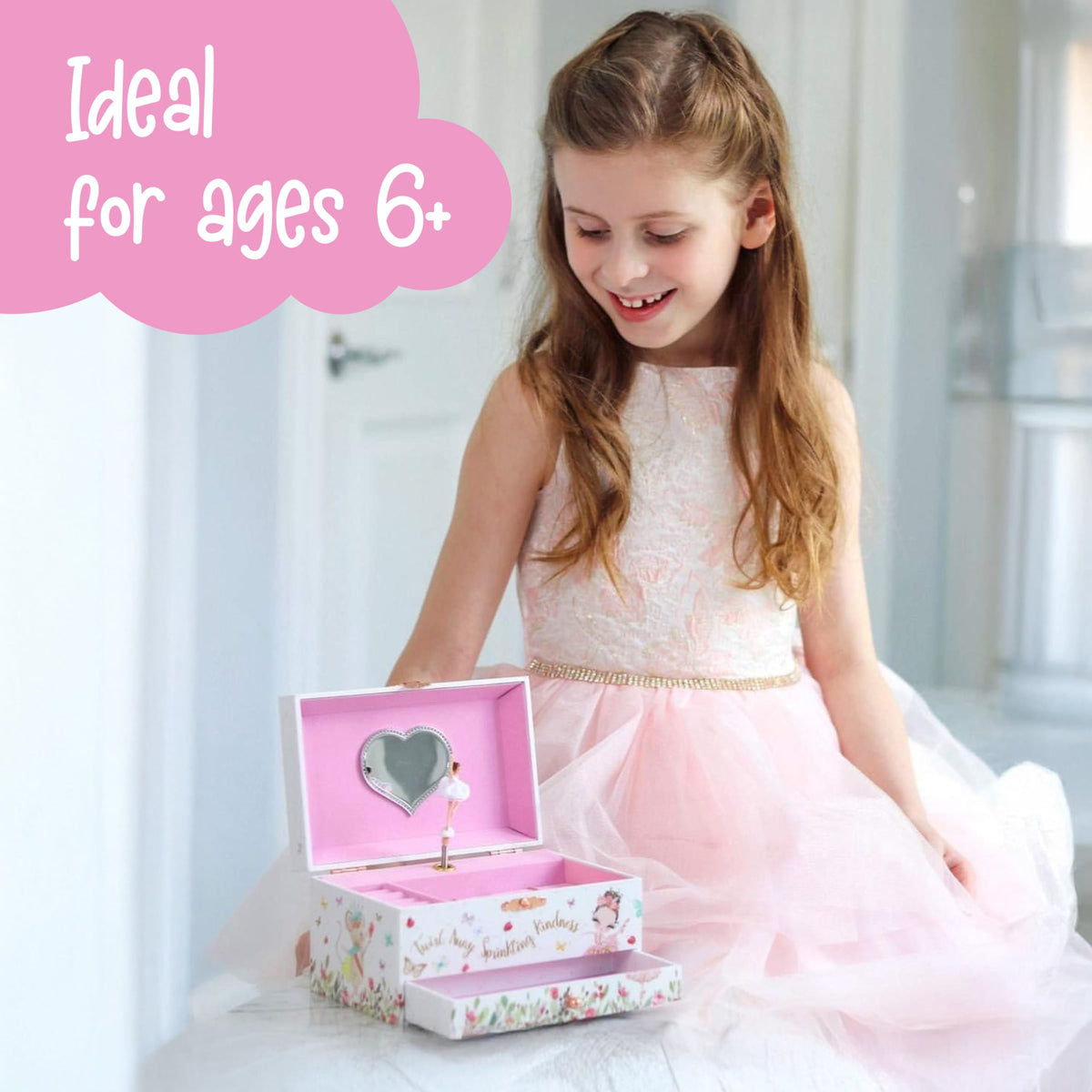 The Memory Building Co Ballerina Musical Jewelry Box Plays Classic Melody, Storage Organizer Music Box for Kids Ages 6-12, MDF Wood w/ 2 Fabric Lined Ring Bracelet Necklace Treasure Compartments