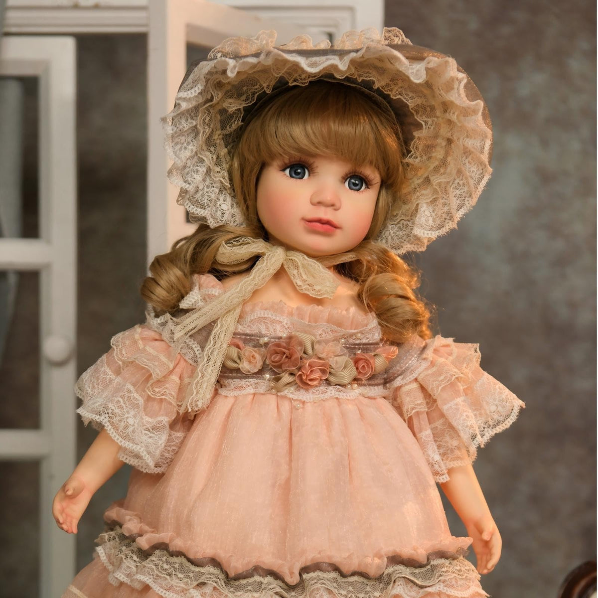 Cloveray 18 Inch Kawaii Porcelain ＆ Fabric Doll Cute European Retro Handmade Ceramic Doll with Showing Stand for Room Decor, Birthday Gifts, Collectible ，Name Olivier (Pink)