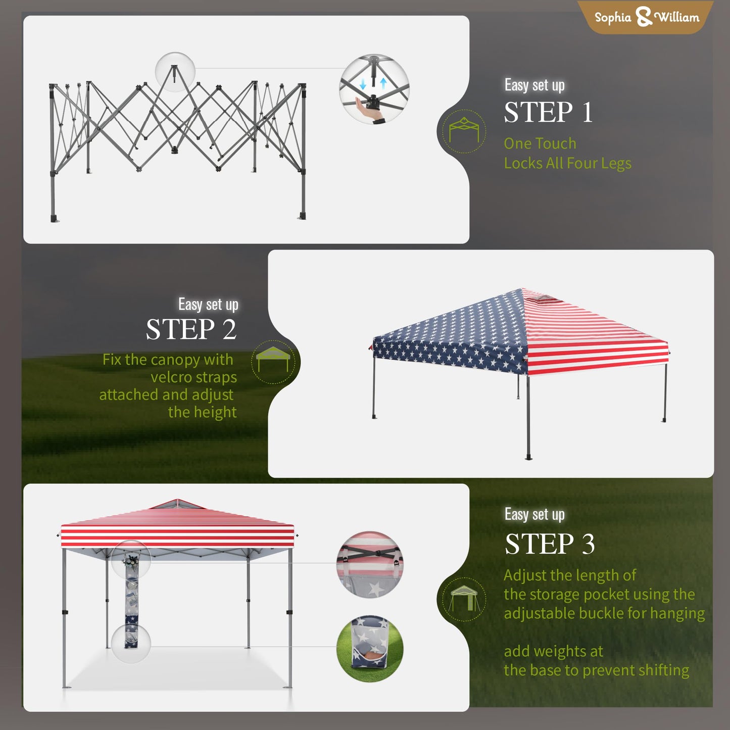 Sophia & William Canopy Tent Pop Up 10x10 ft, One Person Push Set Up Tent, Outdoor Canopies Shelter Heavy Duty Straight Legs with 4 Sandbags & Guy Ropes, 1 Roller Bag & Storage Bag, 8 Stakes, UPF50+