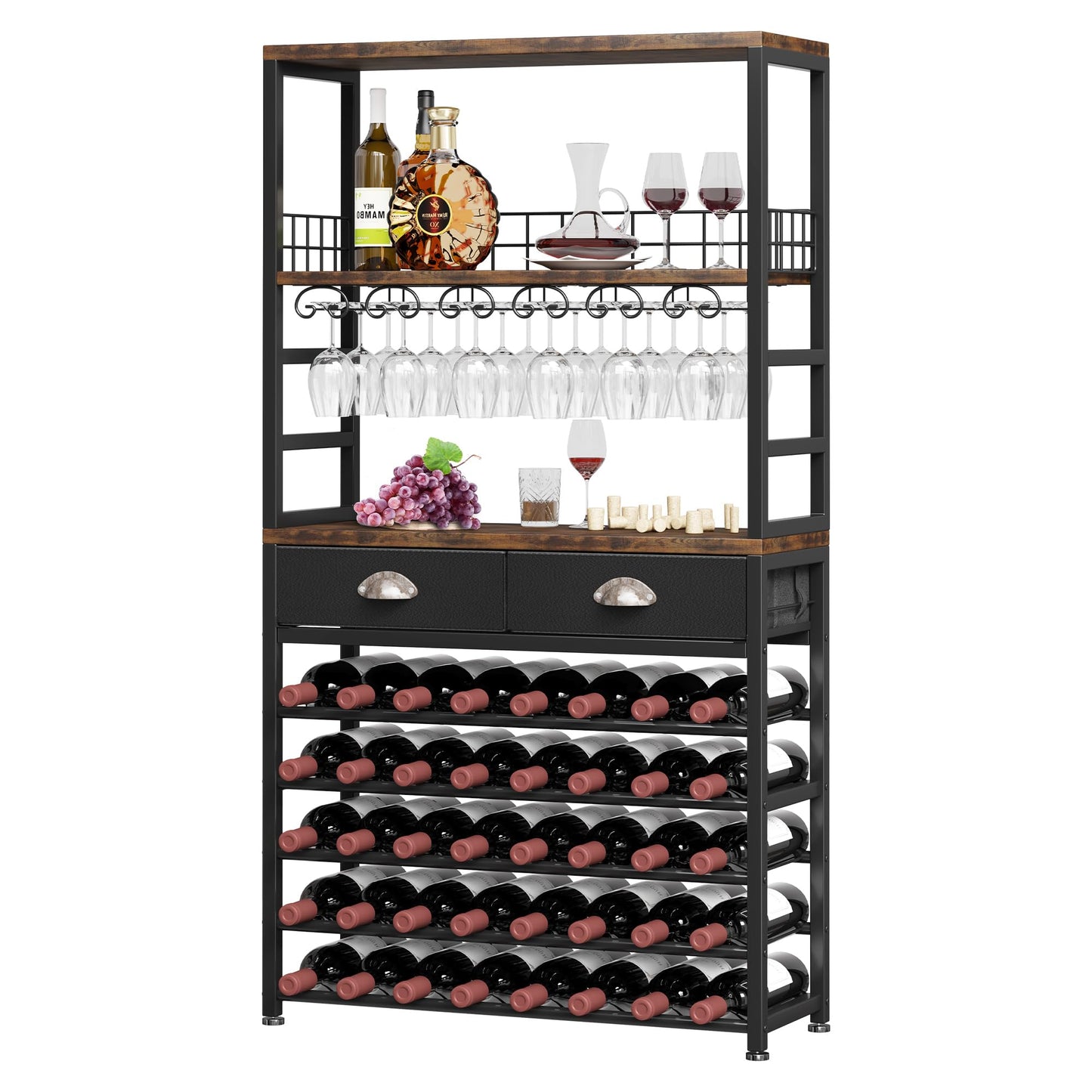 Homeiju Wine Cabinet with Storage, Wine Rack Freestanding Floor, 6-Tier with Tabletop, Drawer and Wine Storage for Home Bars