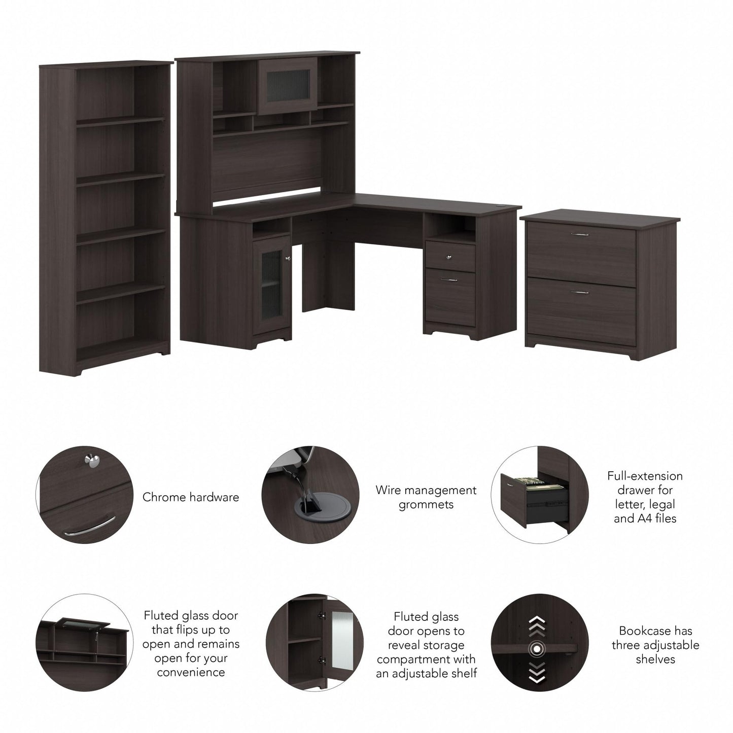 Bush Furniture L Shaped Desk with Hutch, 5 Shelf Bookcase and Lateral File Cabinet | Cabot Collection Corner Computer Table with Storage and Bookshelf