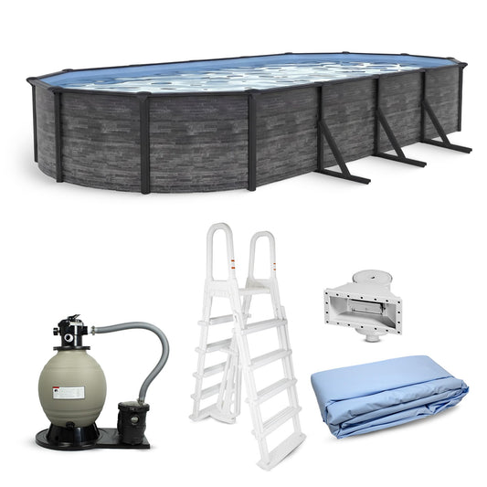 Blue Wave Marbella 15x30-ft Oval 52-in Deep Hard Sided Steel Wall Above Ground Pool with 6-in Steel Top Seats, Dual-Speed Sand Filter System, Ladder, Skimmer & Liner – 9,900 Gallon Cap for Family Use