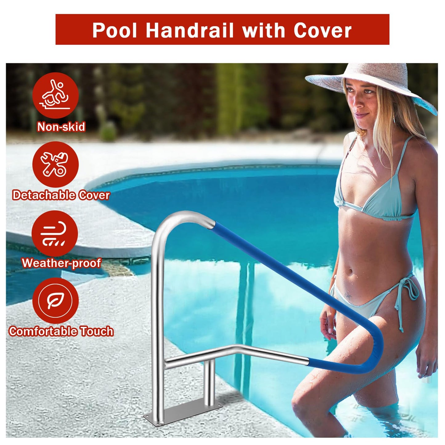 Pool Handrail, 54 in x36 in Pool Railings for Inground Pools, Swimming Pool Safety Handrails 375 LBS Load Capacity, 304 Stainless Steel Pool Stair Rail with Grip Cover, Quick Mount Base Plate