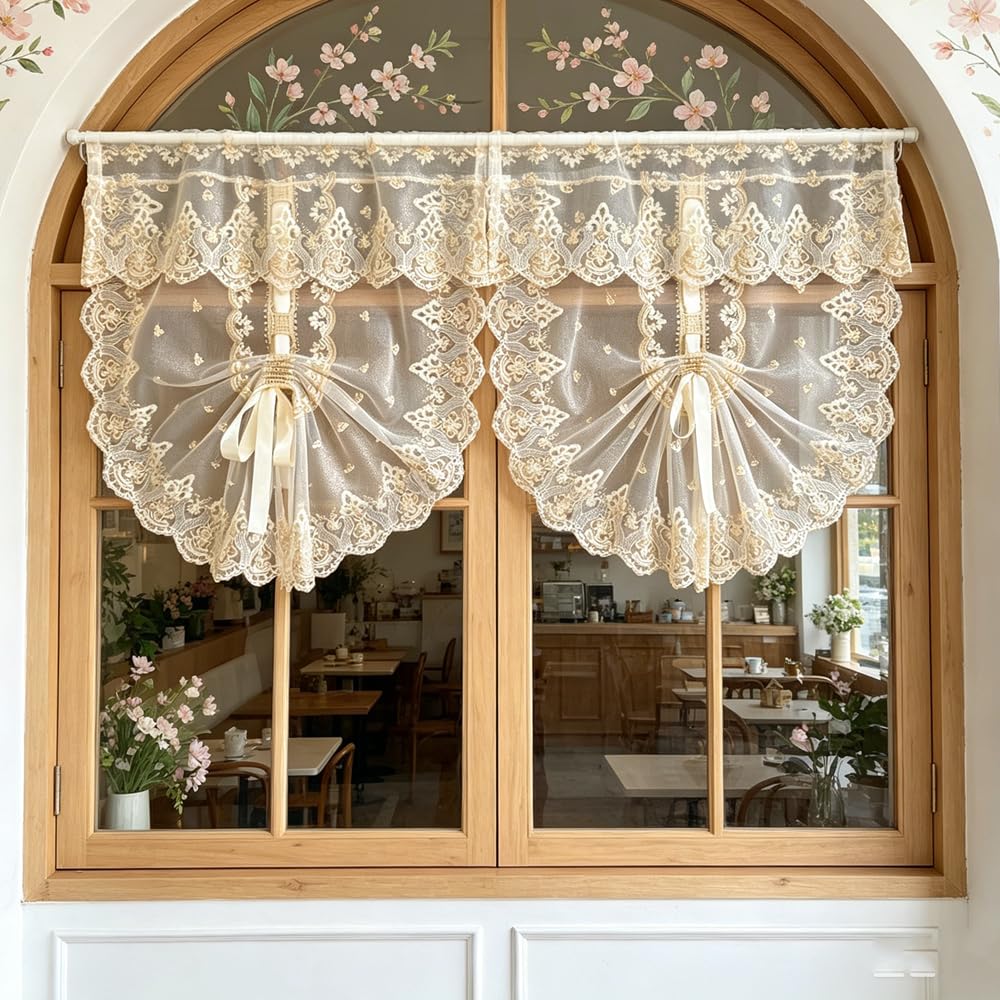 2PC Luxury Metallic Beige Flower Embroidery Lace Pull Up Balloon Curtain