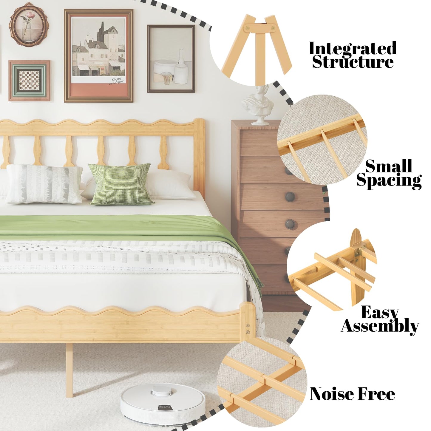 Bednowitz Bamboo Twin XL Bed Frame with Headboard, 14 inch Solid Wood Platform Bed Frames Twin XL Size with Metal Slats, No Box Spring Needed, Easy Assembly, Noise Free